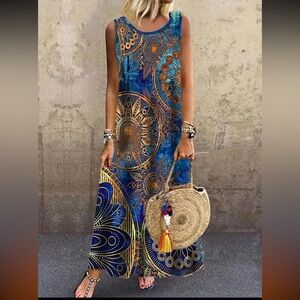ISLAND PRINT SCOOP NECK SLEEVELESS MAXI DRESS